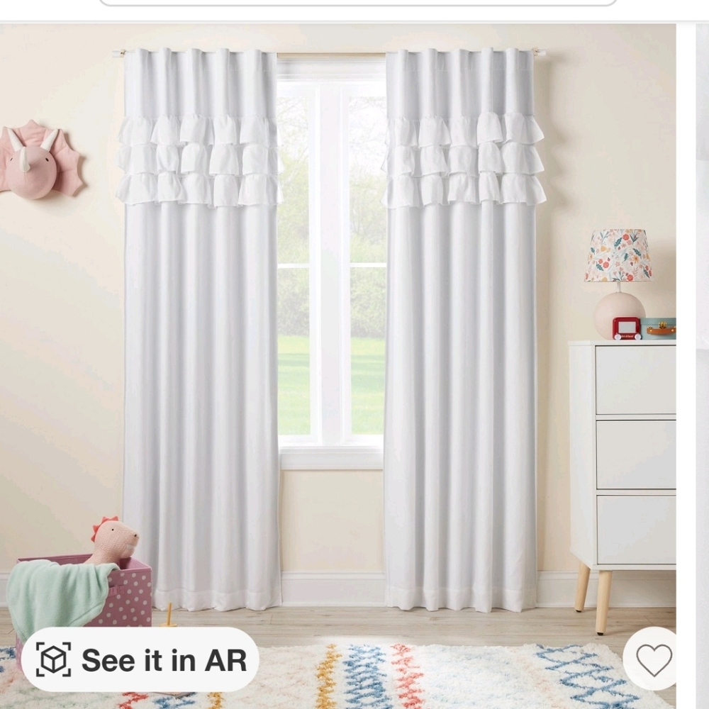 Two Pillowfort ruffle blackout curtain panels white 42 x 84